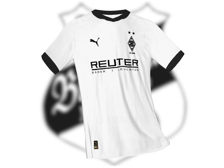Ein weißes Trikot, schlicht gehalten, mit schwarzen Elementen an Ärmeln und Kragen. Der Schriftzug Reuter auf der Brust.