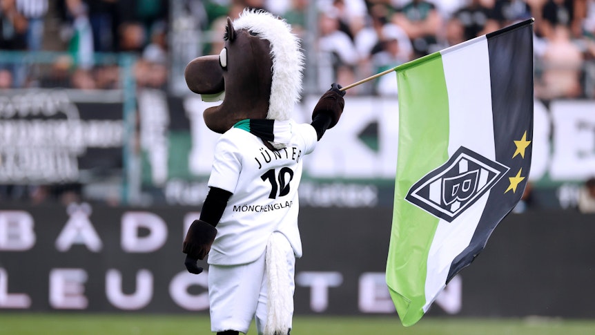 Jünter schwenkt die Gladbach-Fahne.