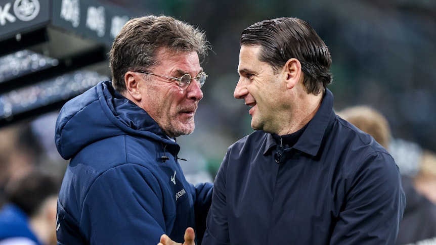 Dieter Hecking und Gerardo Seoane lachen miteinander.