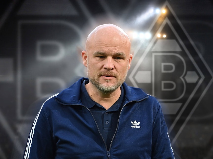 Rouven Schröder auf einer Fotomontage vor zwei Gladbach-Wappen im Hintergrund.